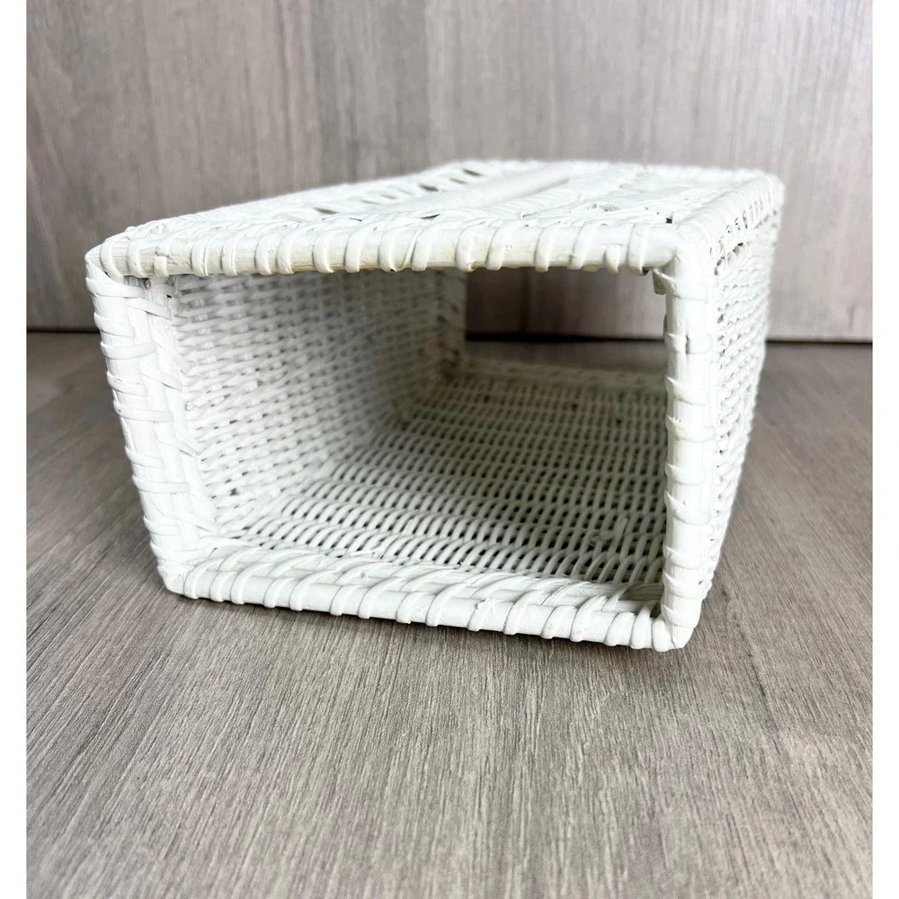 Vintage Wicker Rattan White Tissue Box Holder Shabby Chic Country Cottage